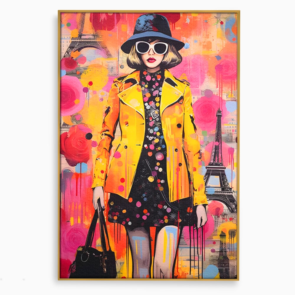 Tablou canvas cu tablou canvas cu ilustratie fashionista, in rama de aluminiu auriu